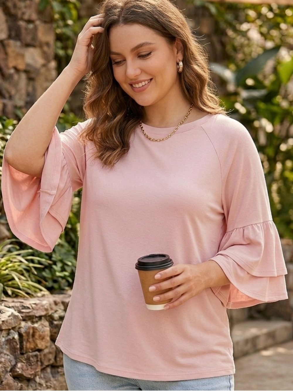 Worthington Blush Pink Ruffle Sleeve Tee Size XL